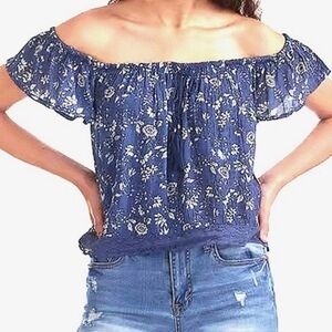 Aeropostale Blue Boho Floral Lace Top M Off-The-Shoulder Ruffled Tassel Ties